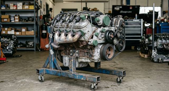 Clean engine on stand ready for inspection