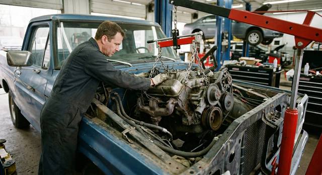 Engine being installed into vehicle