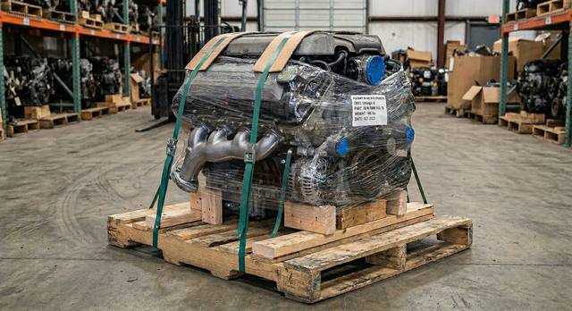 Engine palletized and strapped for insured freight shipping